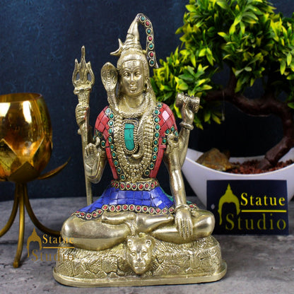 Brass Blessing Lord Shiv Shankar Idol Mahayogi Stone Work For Home Mandir Decor 9" by vendor-unknown - Hindu Gods