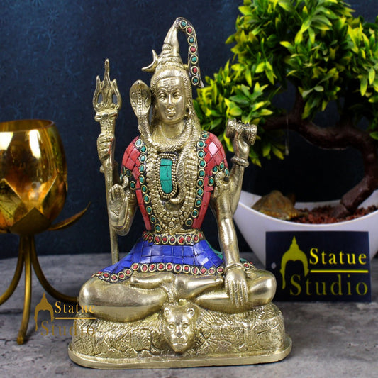 Brass Blessing Lord Shiv Shankar Idol Mahayogi Stone Work For Home Mandir Decor 9"