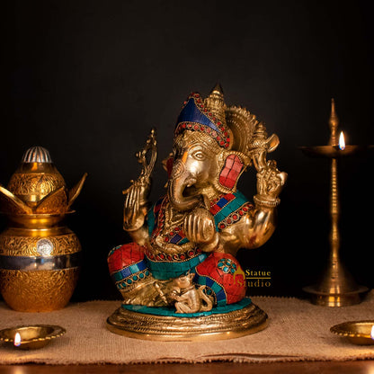 Brass Ganesha Statue Stone Work Showpiece For Home Decor Gift 1 Feet by vendor-unknown - Hindu Gods (View 2)