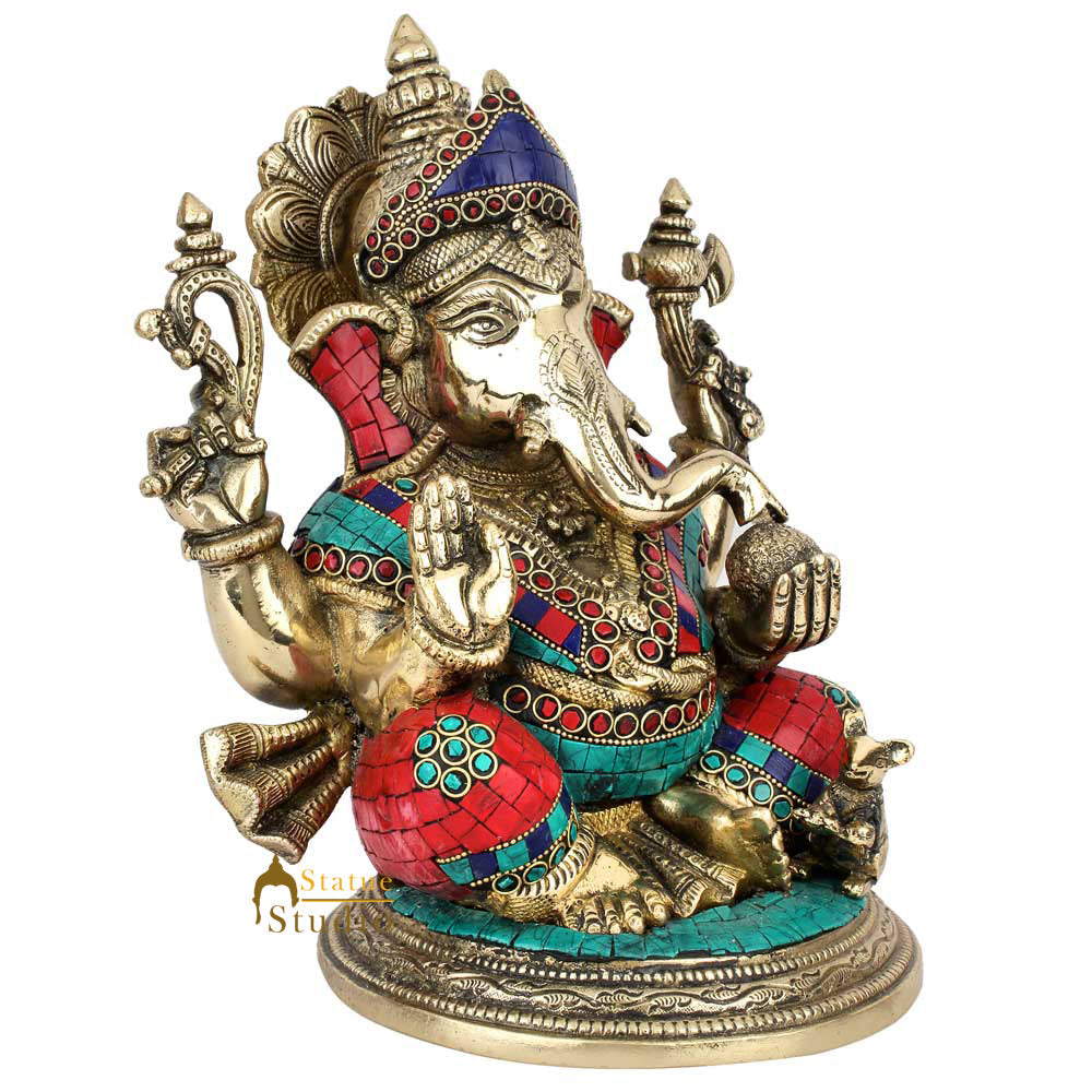 Brass Ganesha Statue Stone Work Showpiece For Home Decor Gift 1 Feet - Image 6