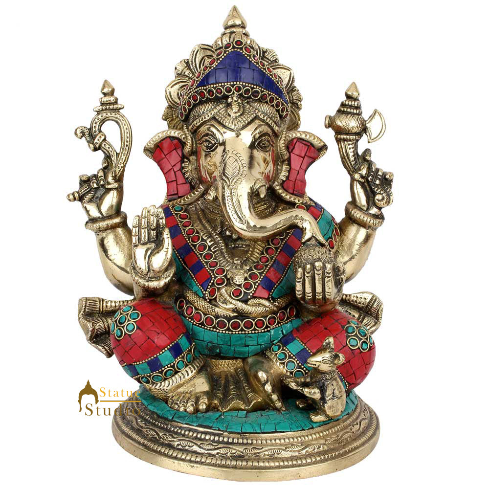 Brass Ganesha Statue Stone Work Showpiece For Home Decor Gift 1 Feet - Image 5
