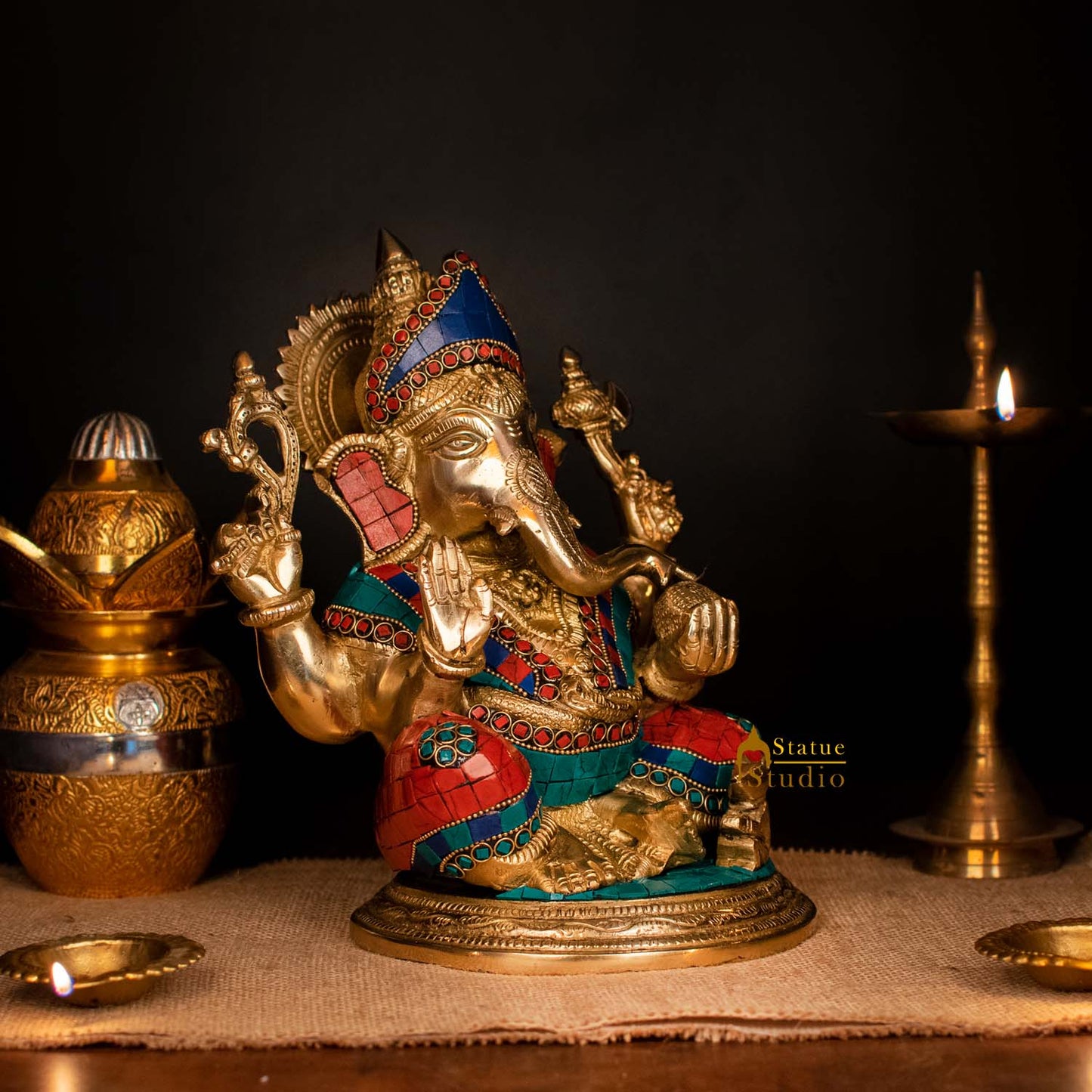 Brass Ganesha Statue Stone Work Showpiece For Home Decor Gift 1 Feet