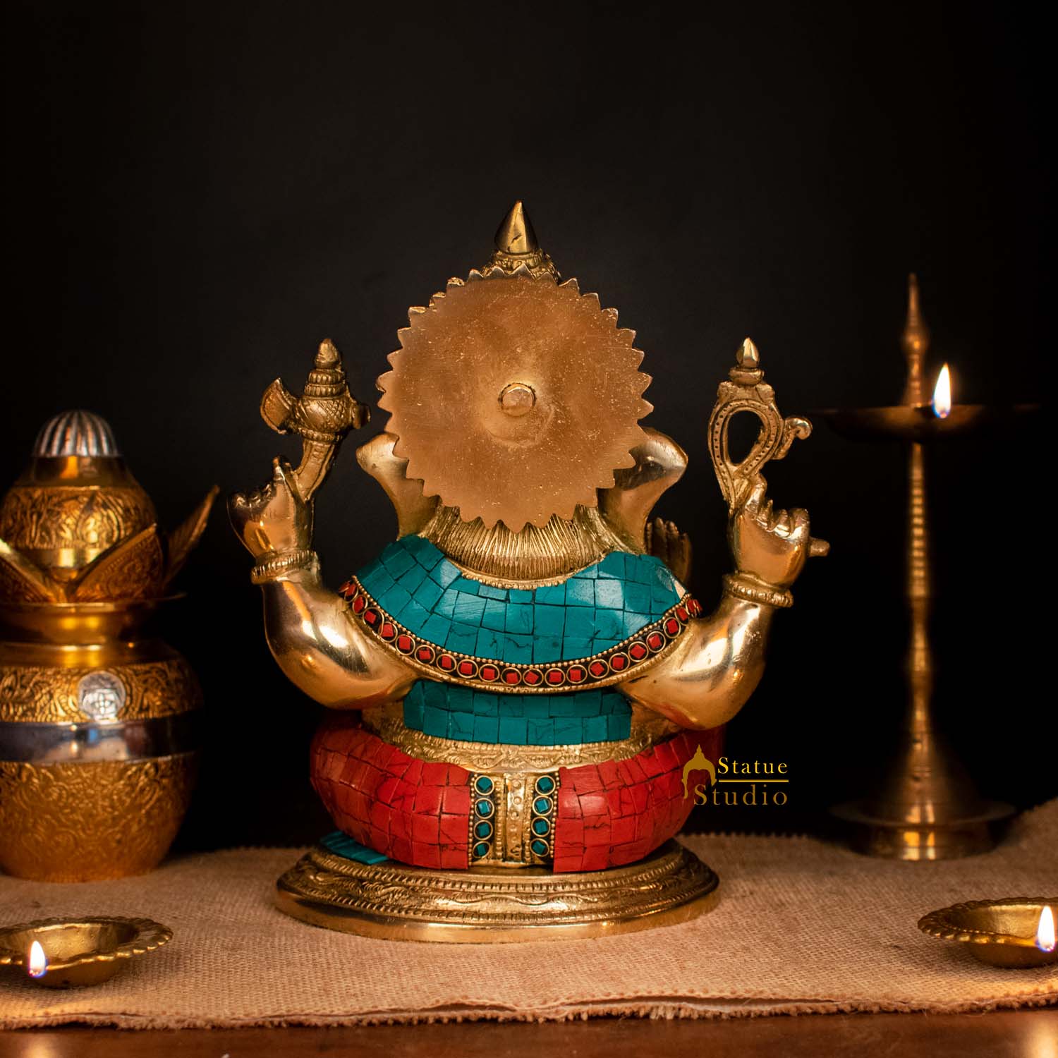 Brass Ganesha Statue Stone Work Showpiece For Home Decor Gift 1 Feet - Image 4