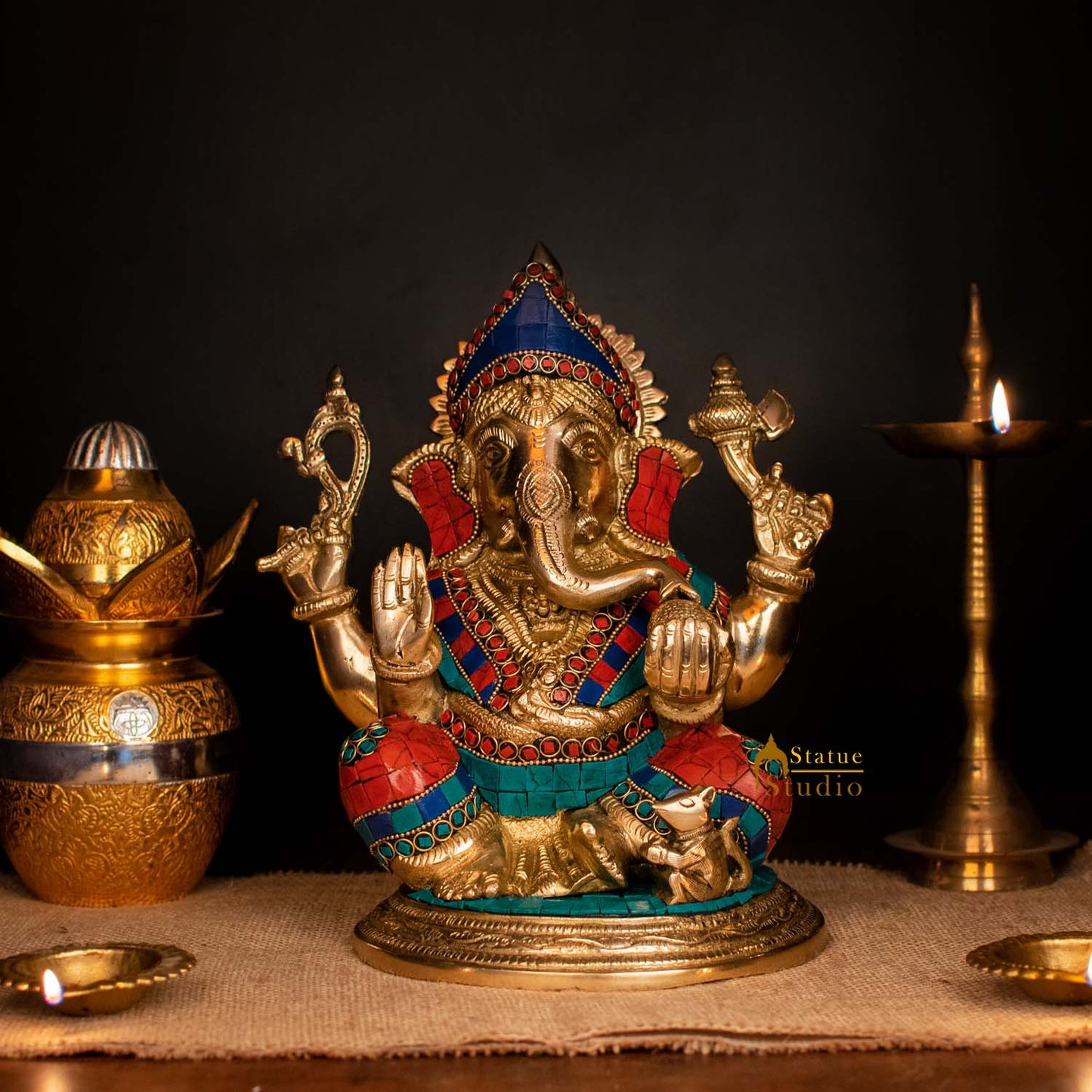 Brass Ganesha Statue Stone Work Showpiece For Home Decor Gift 1 Feet