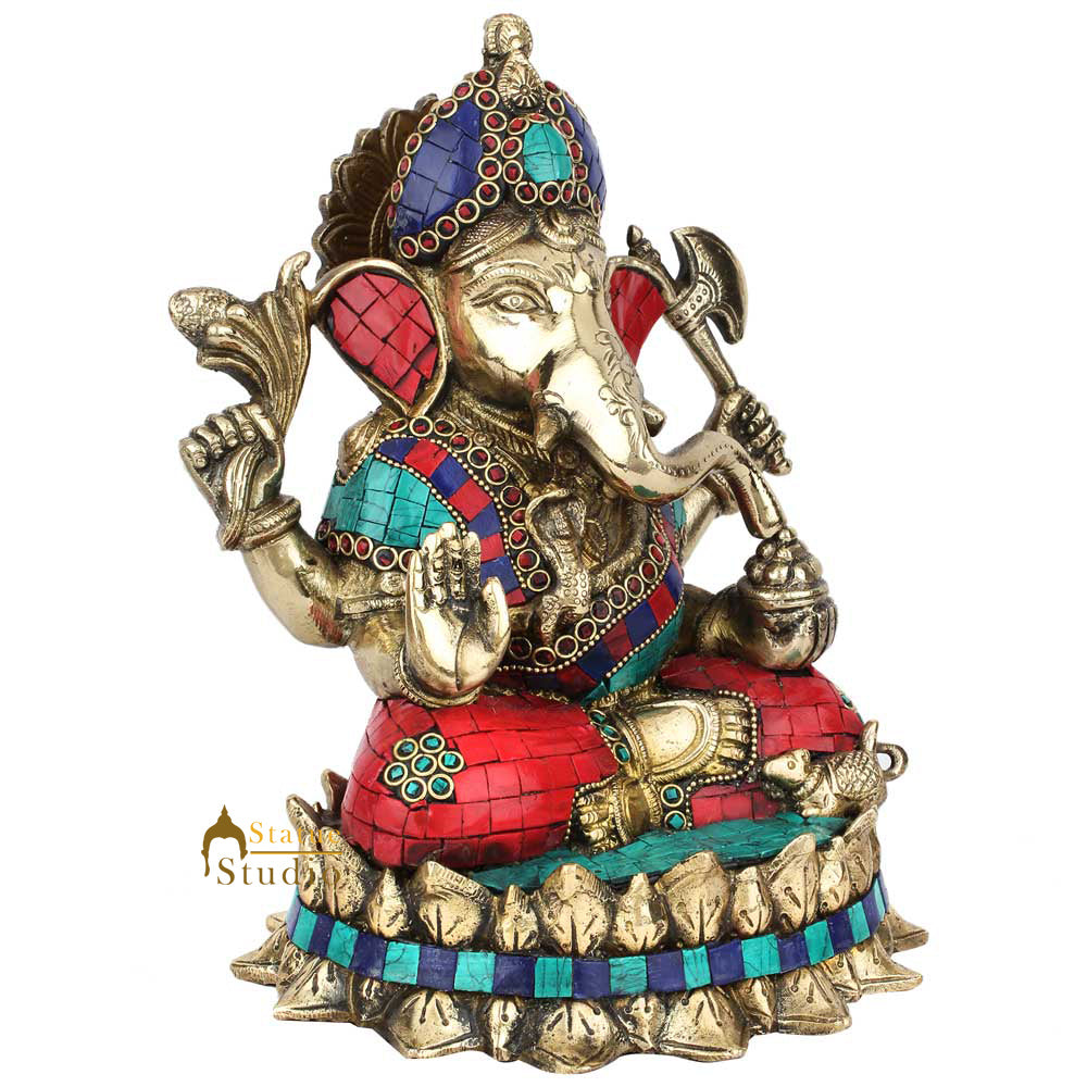 Indian God Ganpati Ganesha Wedding Diwali Corporate Gift Decor Inlay Statue 12" - Image 3