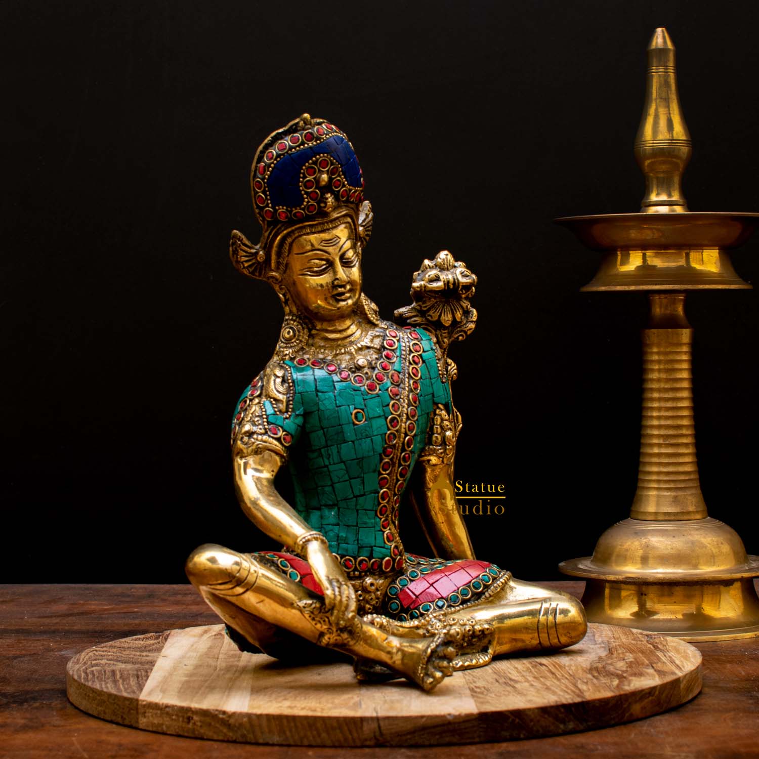 Indian Handicraft Religious FengShui Vastu Decor Lord Indra Dev Inlay Statue 10" - Image 3