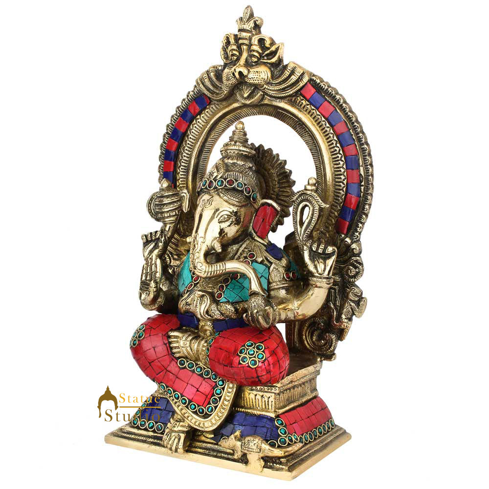 Brass Ganesha Statue With Temple Arch Stone Work For Home Décor 1 Feet