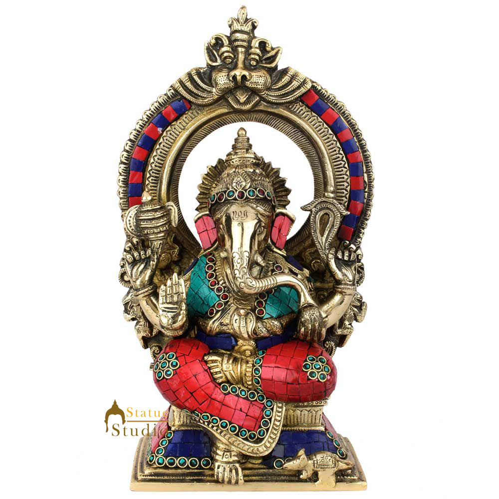 Brass Ganesha Statue With Temple Arch Stone Work For Home Décor 1 Feet - Image 2