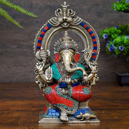 Brass Ganesha Statue With Temple Arch Stone Work For Home Décor 1 Feet by vendor-unknown - Hindu Gods
