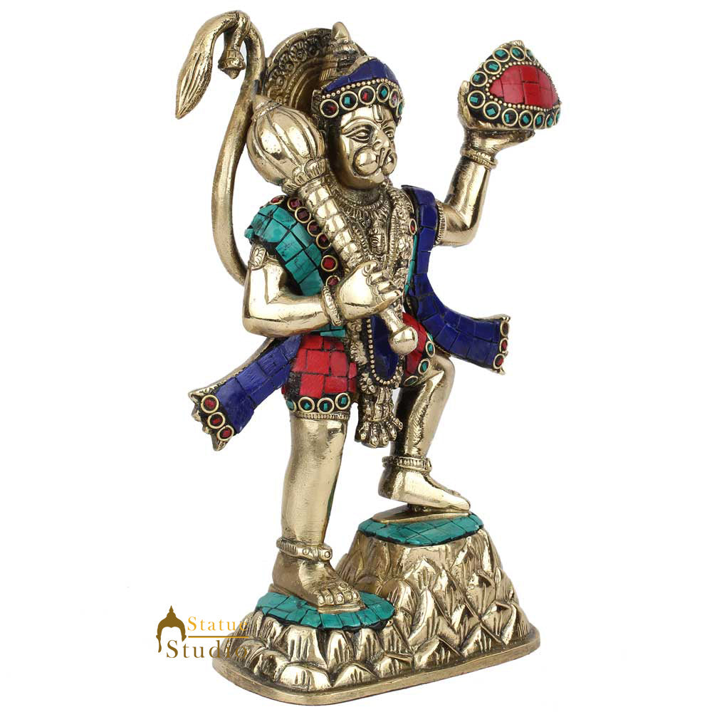 Brass Mahabali Hanuman Statue Carrying Mountain Fine Stone Work 9" - Image 3