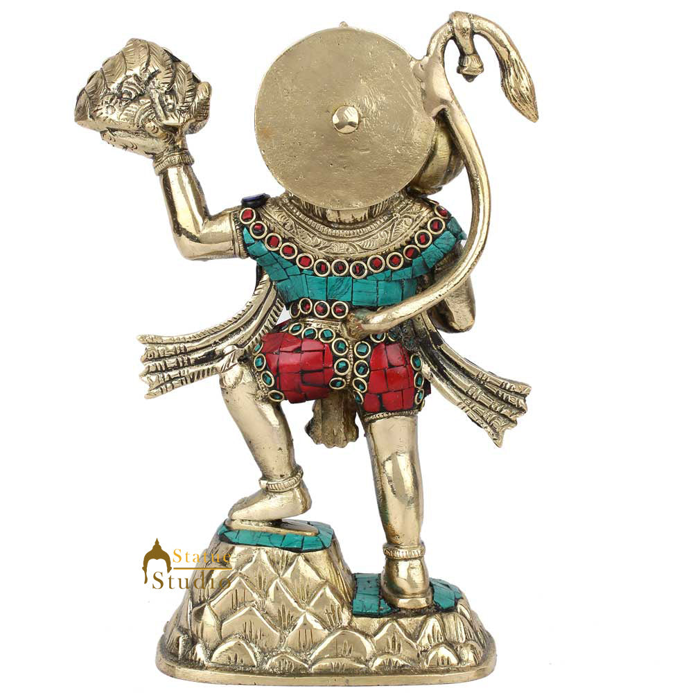 Brass Mahabali Hanuman Statue Carrying Mountain Fine Stone Work 9" - Image 4