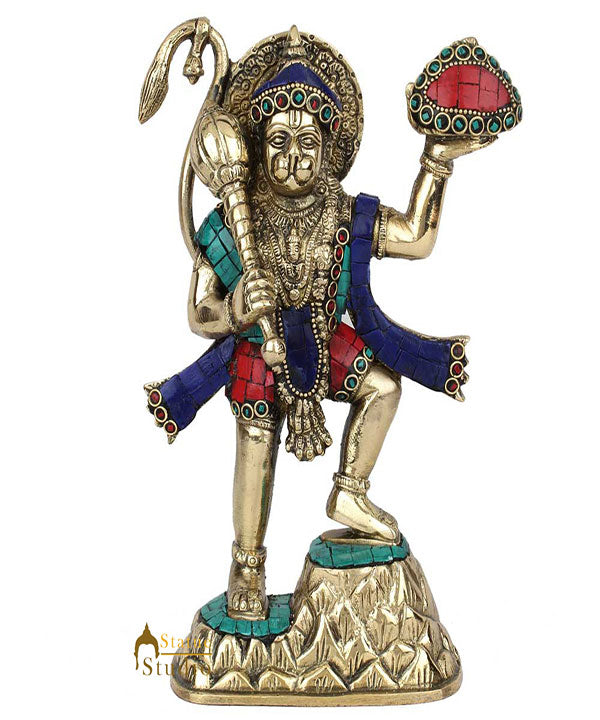 Brass Mahabali Hanuman Statue Carrying Mountain Fine Stone Work 9"