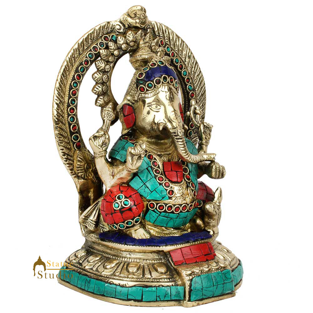 Indian Elephant God Ganesha Ganpati Vinayak Murti Idol Inlay Décor Statue 9"