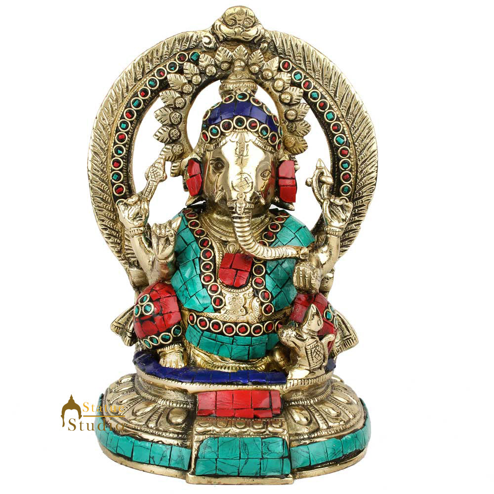 Indian Elephant God Ganesha Ganpati Vinayak Murti Idol Inlay Décor Statue 9"