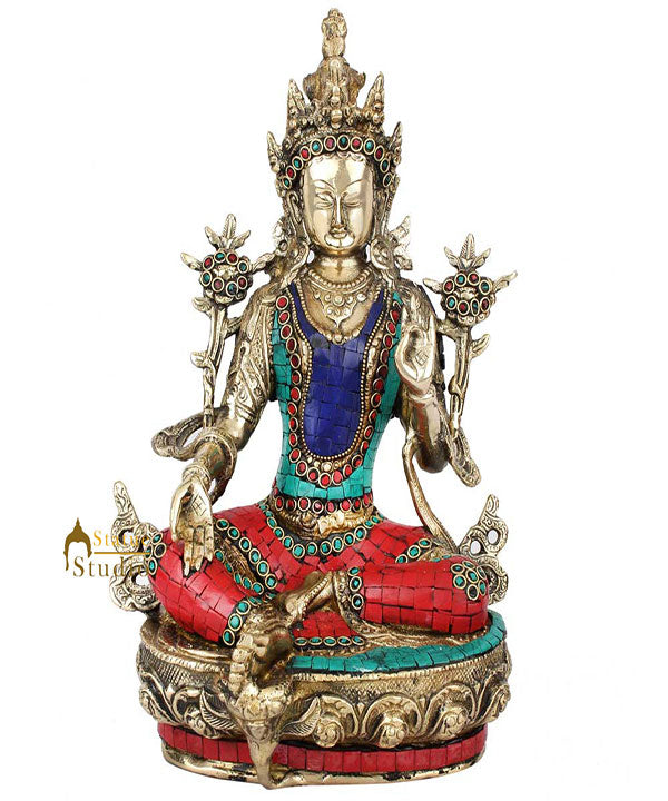 Tibetan Buddhist Goddess Tara Inlay Idol Home Office Décor Gift Statue 13" - Image 2