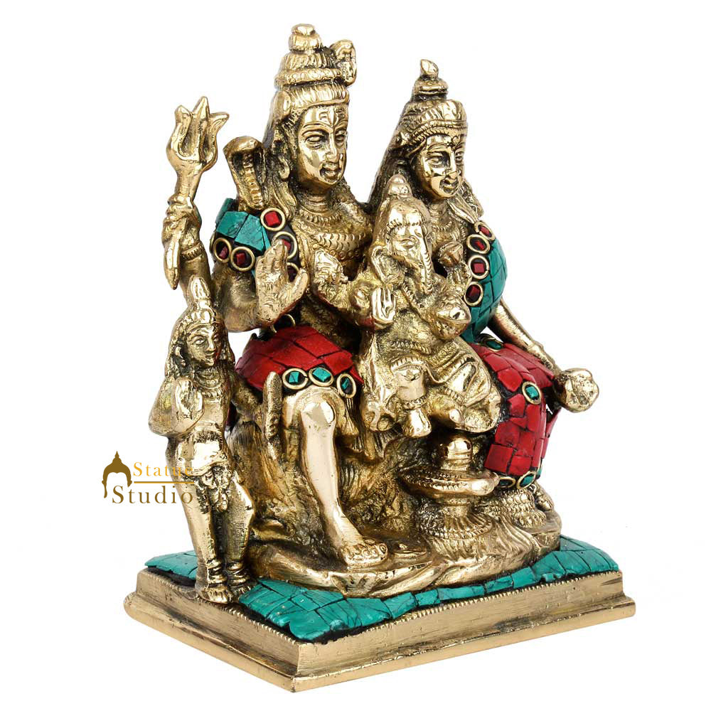 Brass Complete Shiv Parivar Idol Stone Work For Home Temple Decor 6"