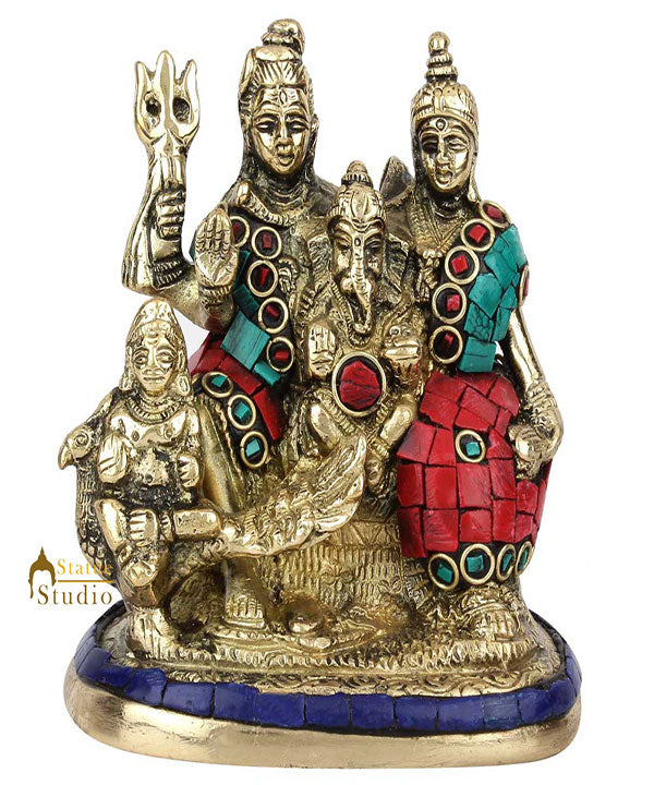 Brass Handmade Lord Shiva Parivar Idol With Stone Work 5 Inch - Image 3