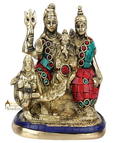 Brass Handmade Lord Shiva Parivar Idol With Stone Work 5 Inch by vendor-unknown - Hindu Gods (View 3)