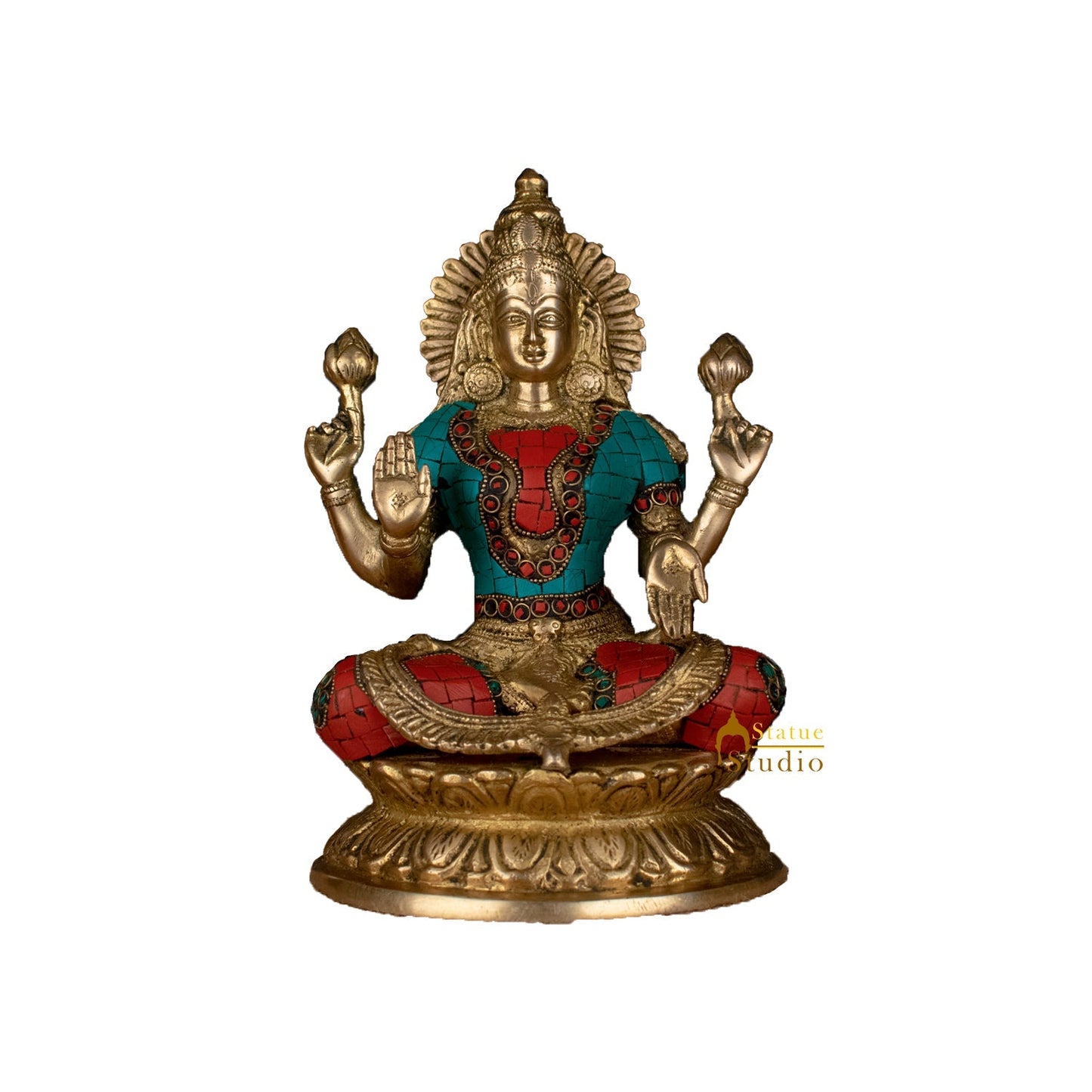 Brass Antique Lakshmi Idol with Colorful Inlay 10"