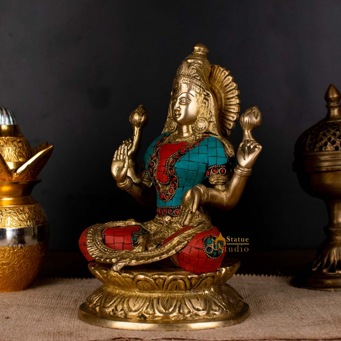 Brass Antique Lakshmi Idol with Colorful Inlay 10"