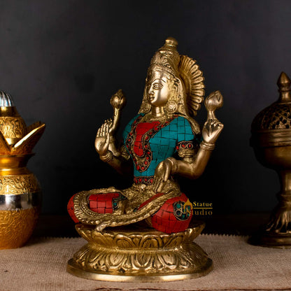 Brass Antique Lakshmi Idol with Colorful Inlay 10" by vendor-unknown - Hindu Gods (View 2)