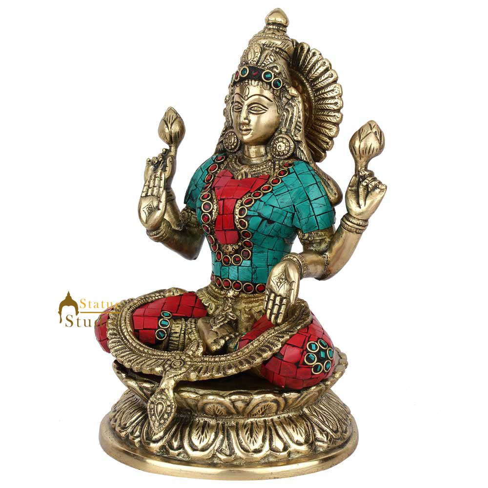 Brass Antique Lakshmi Idol with Colorful Inlay 10"