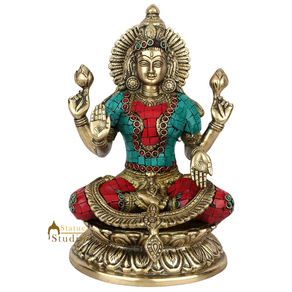 Brass Antique Lakshmi Idol with Colorful Inlay 10"