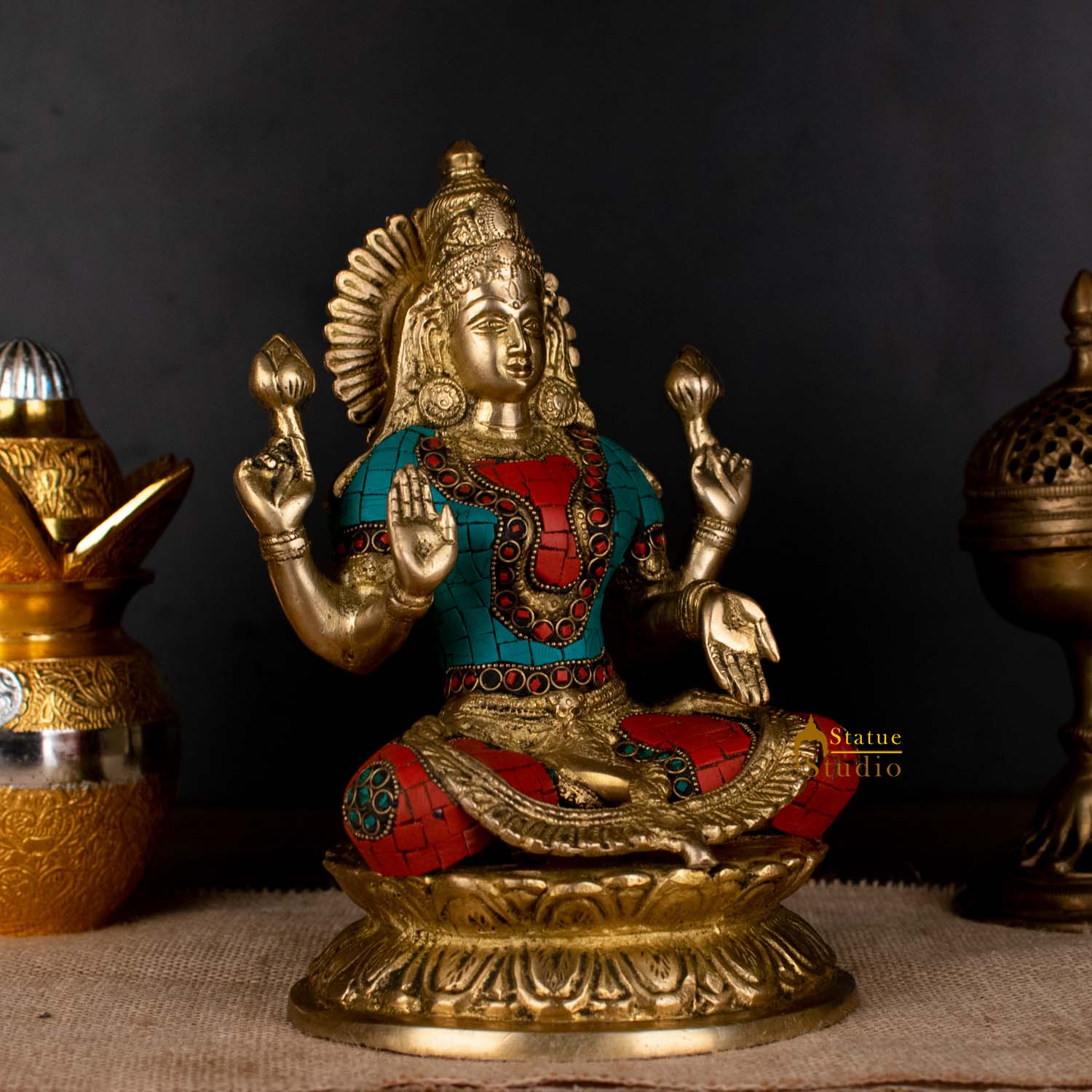 Brass Antique Lakshmi Idol with Colorful Inlay 10" - Image 3