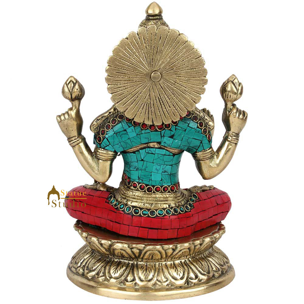Brass Antique Lakshmi Idol with Colorful Inlay 10" - Image 8