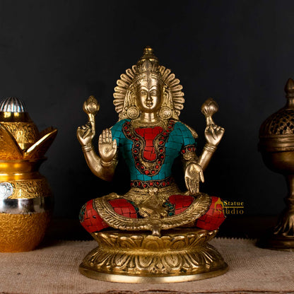 Brass Antique Lakshmi Idol with Colorful Inlay 10" by vendor-unknown - Hindu Gods