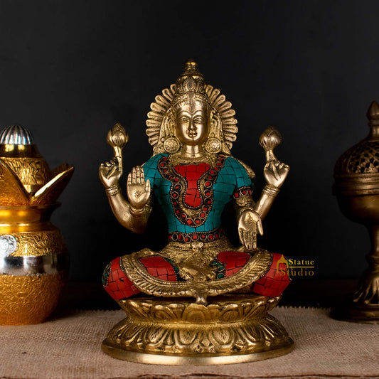 Brass Antique Lakshmi Idol with Colorful Inlay 10"