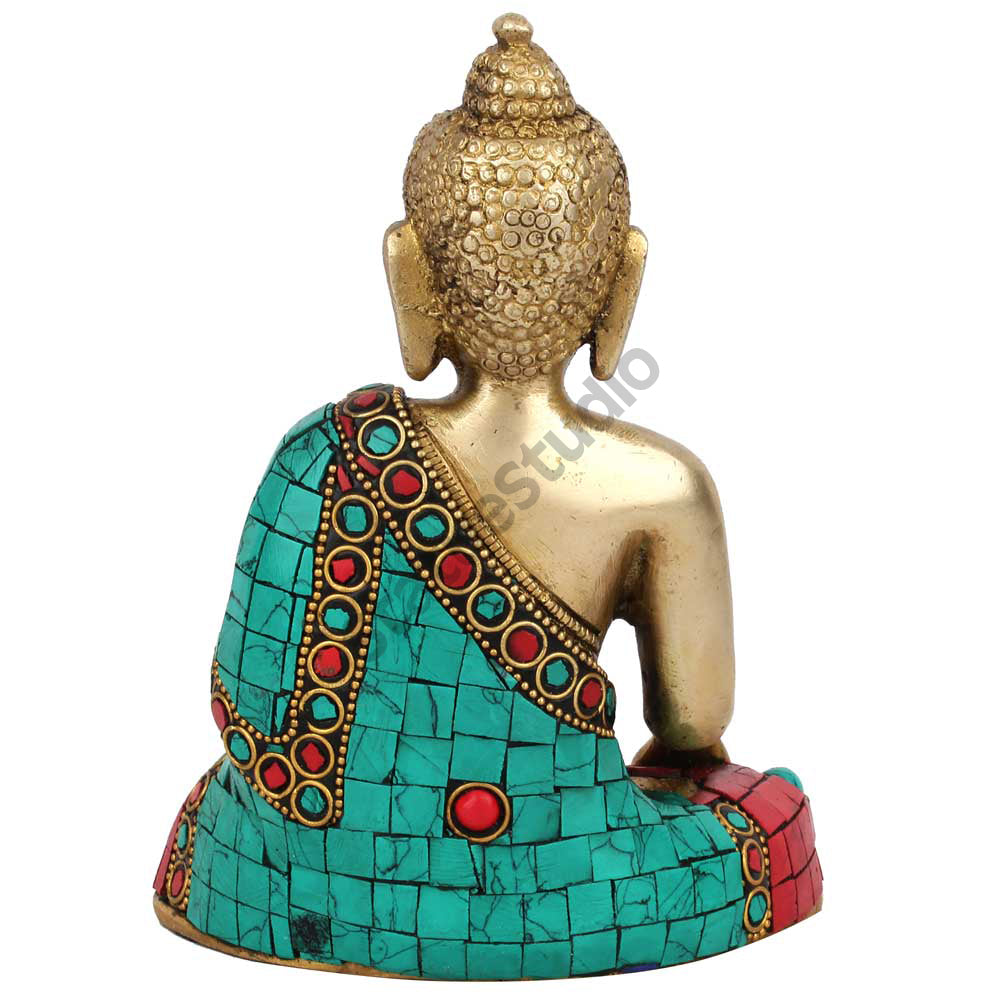 Buddhist Lord Buddha Sitting Turquoise Coral Inlay Décor Gift Statue Idol 6" - Image 5