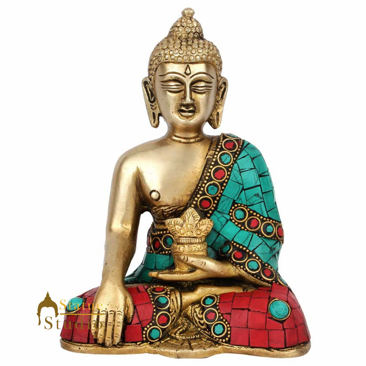 Buddhist Lord Buddha Sitting Turquoise Coral Inlay Décor Gift Statue Idol 6" - Image 3