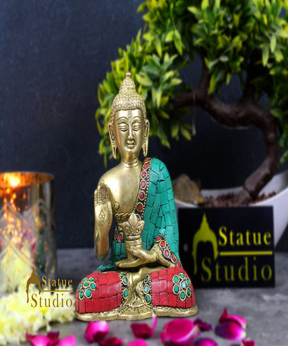 Buddhist Lord Buddha Sitting Turquoise Coral Inlay Décor Gift Statue Idol 6" by vendor-unknown - Buddha