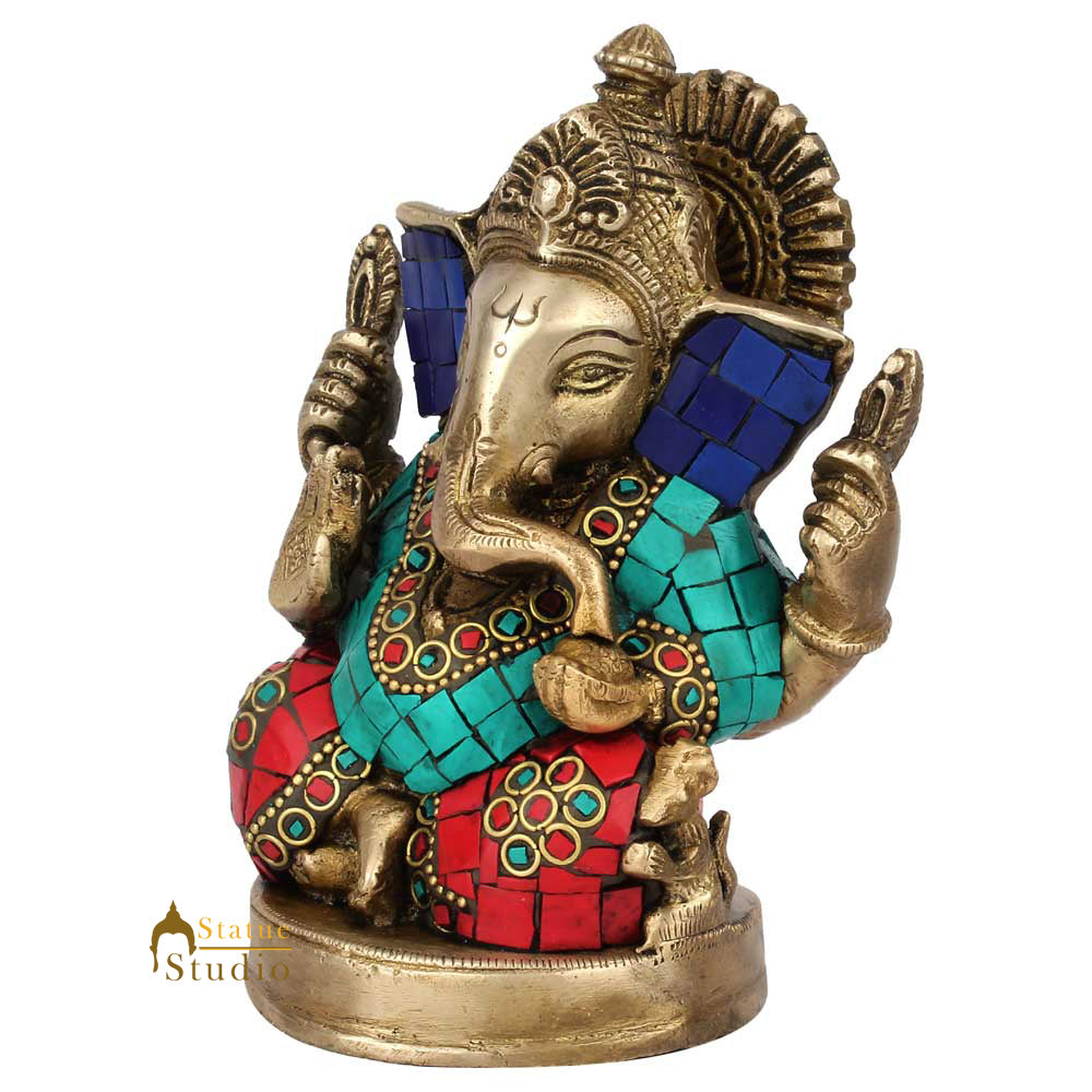 Multicolor Diwali Wedding Gift Ganesh Ganpati Inlay Idol Lucky Décor Statue 5"