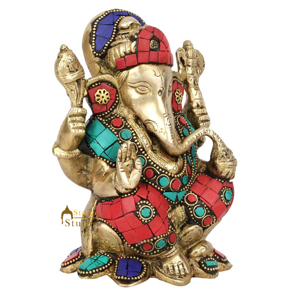 Fine Inlay Ganesha Ganpati Sitting Diwali Gift Lucky Décor Idol Statue 6" - Image 3