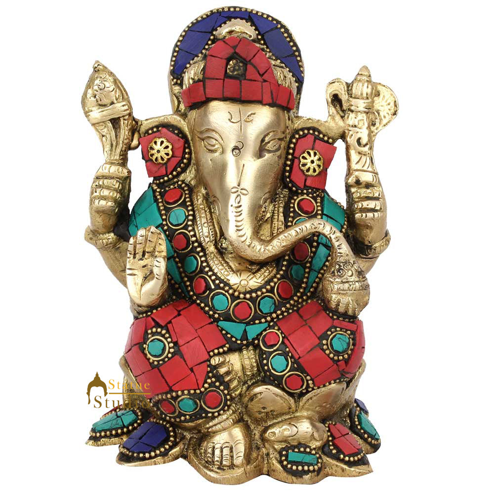 Fine Inlay Ganesha Ganpati Sitting Diwali Gift Lucky Décor Idol Statue 6"