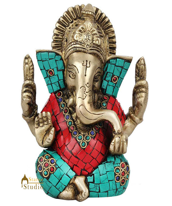 Indian Diwali Corporate Wedding Gift Crown Ganesh Idol Inlay Statue Figurine 5" - Eco-friendly - Sama Homes