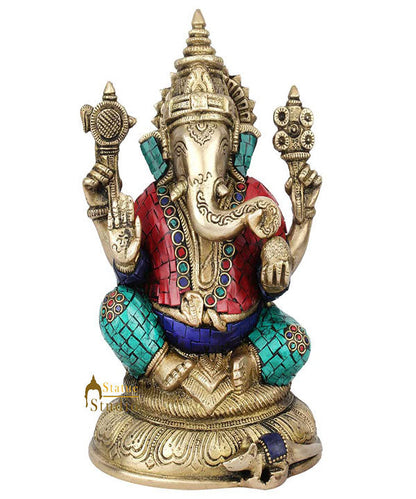 Indian Hinduism Lucky Ganpati Vinayak Lambodar Ganesh Idol Décor Inlay Statue 8" by vendor-unknown - Hindu Gods