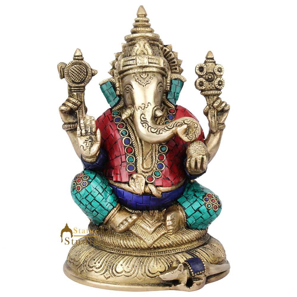 Indian Hinduism Lucky Ganpati Vinayak Lambodar Ganesh Idol Décor Inlay Statue 8"