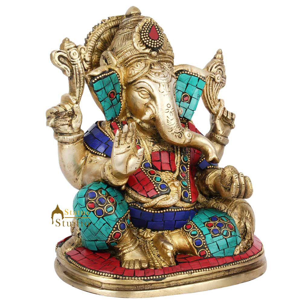 Indian Figurine Lucky Ganpati Vinayak Lambodar Ganesh Idol Décor Inlay Statue 8"