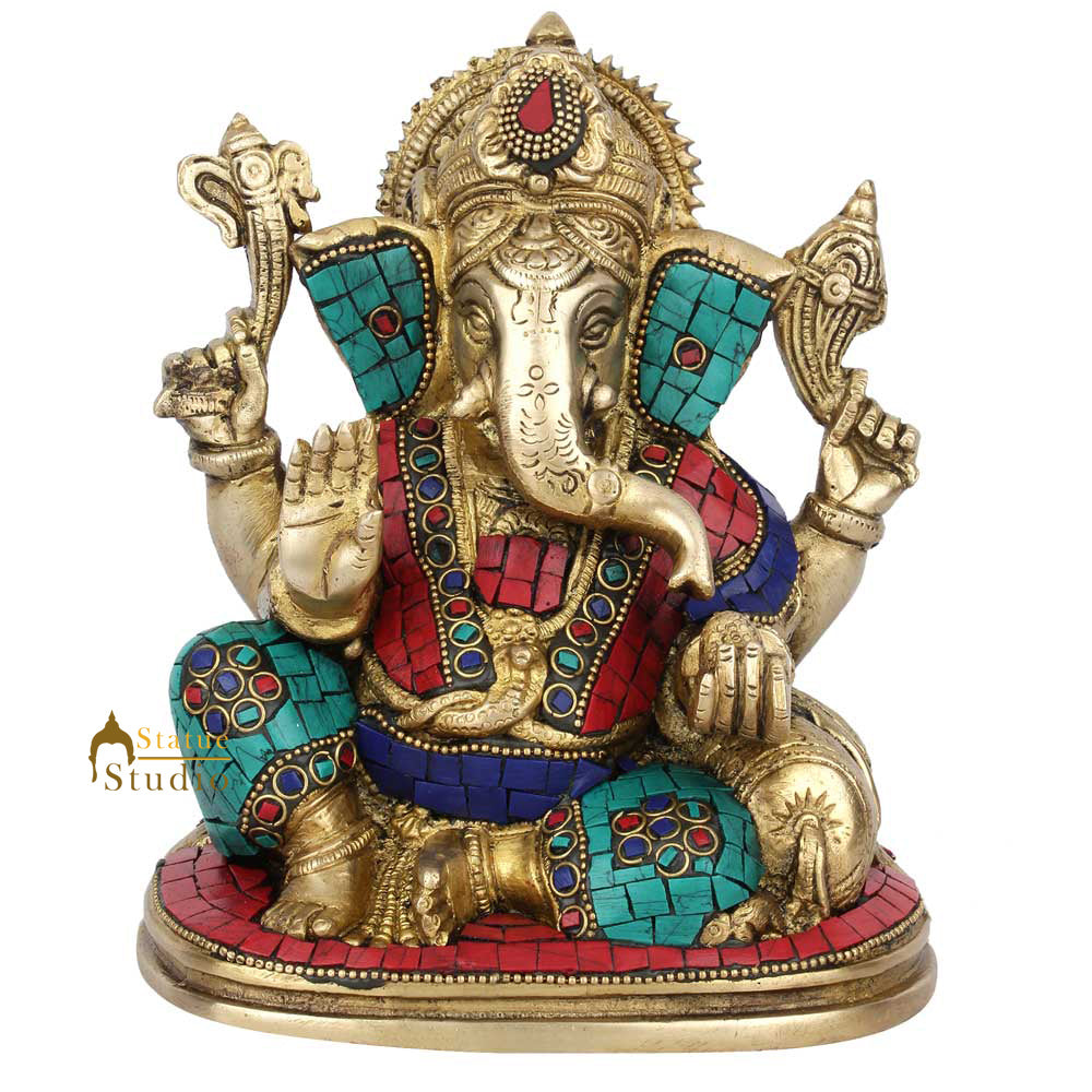 Indian Figurine Lucky Ganpati Vinayak Lambodar Ganesh Idol Décor Inlay Statue 8"