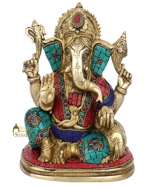 Indian Figurine Lucky Ganpati Vinayak Lambodar Ganesh Idol Décor Inlay Statue 8"