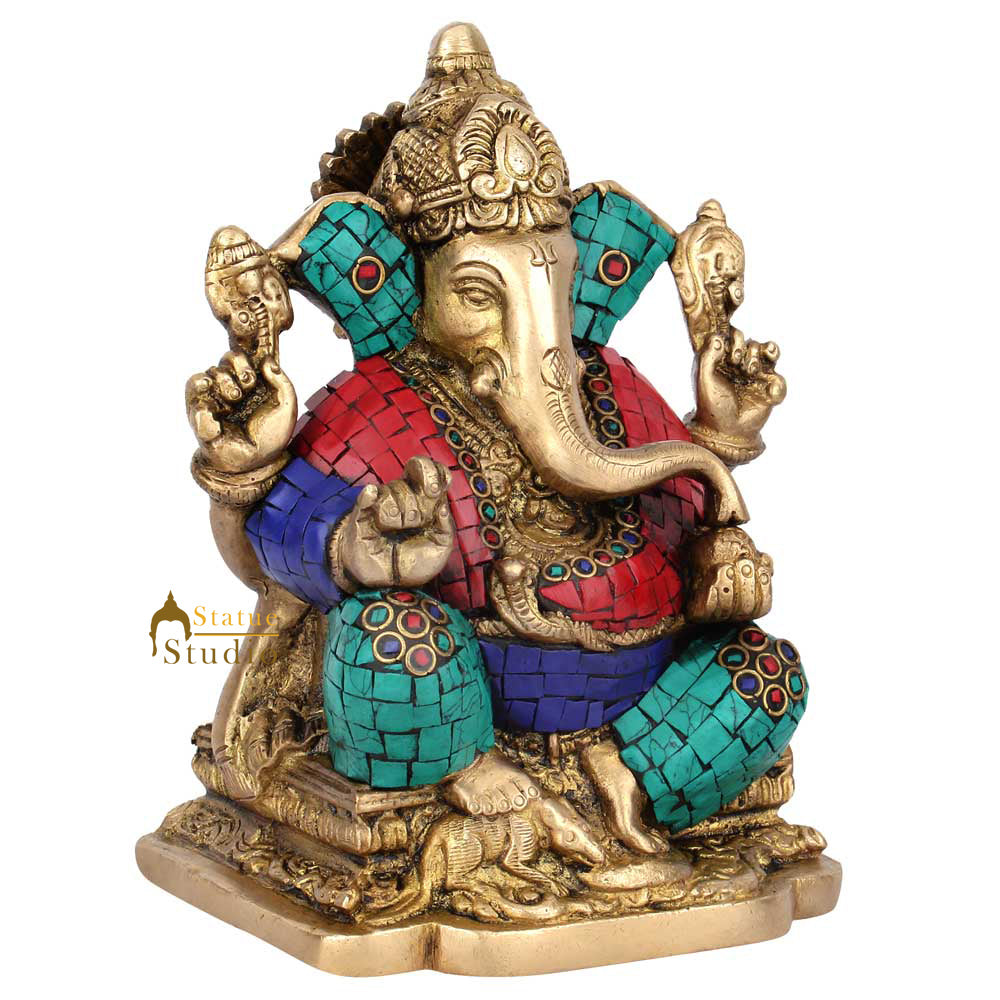 Indian Figurine Lucky Gift Ganpati Vinayak Ganesh Idol Décor Inlay Statue 6" - Image 3