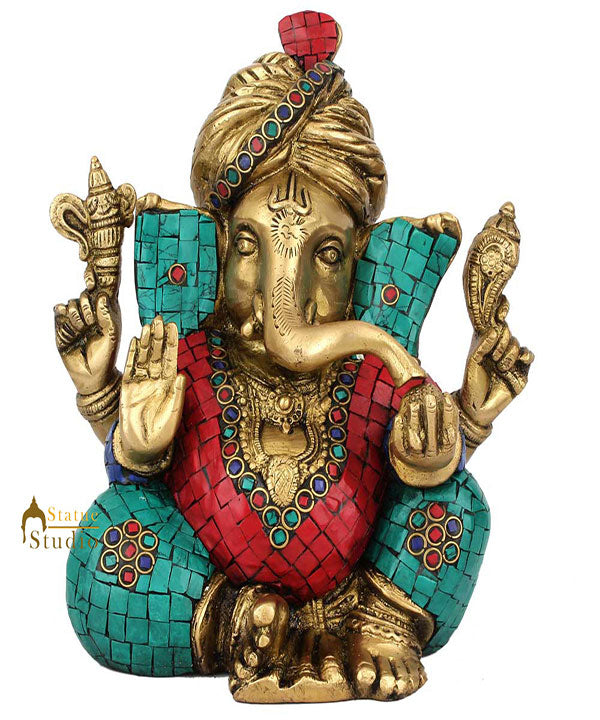 Lucky Gift Ganpati Vinayak Turban Ganesha Idol Décor Inlay Lucky Gift Statue 8" - Eco-friendly - Sama Homes