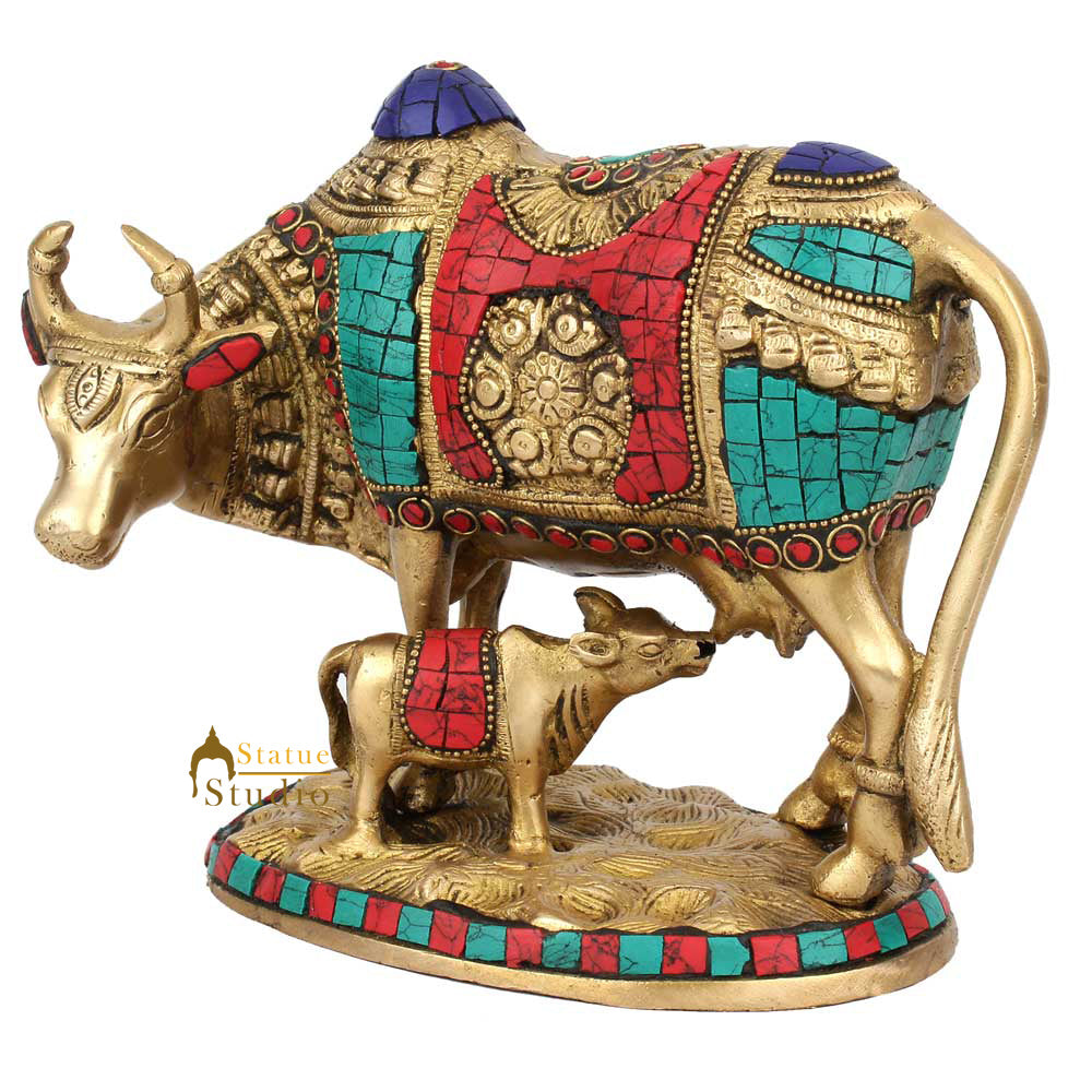Indian Hindu Sacred Holy Cow And Calf Pair Inlay Idol Religious Décor Statue 7" - Image 3