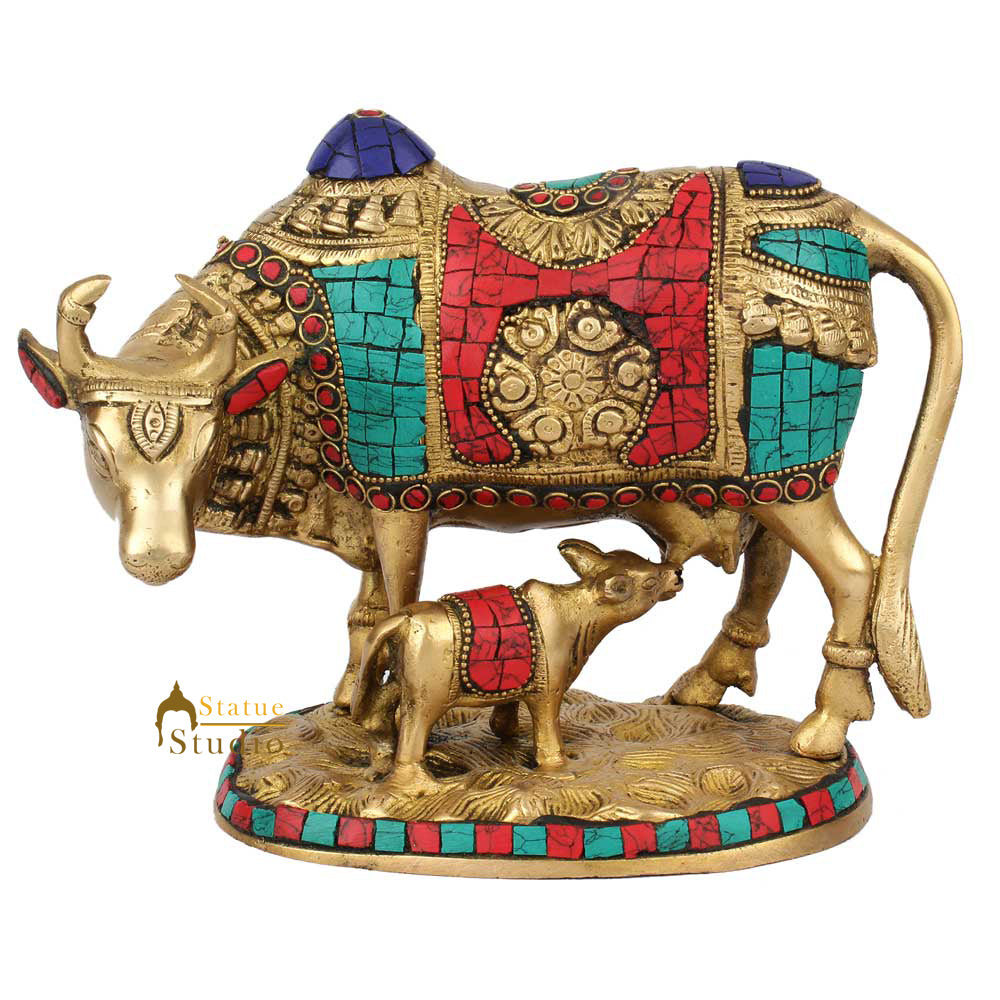Indian Hindu Sacred Holy Cow And Calf Pair Inlay Idol Religious Décor Statue 7" - Eco-friendly - Sama Homes
