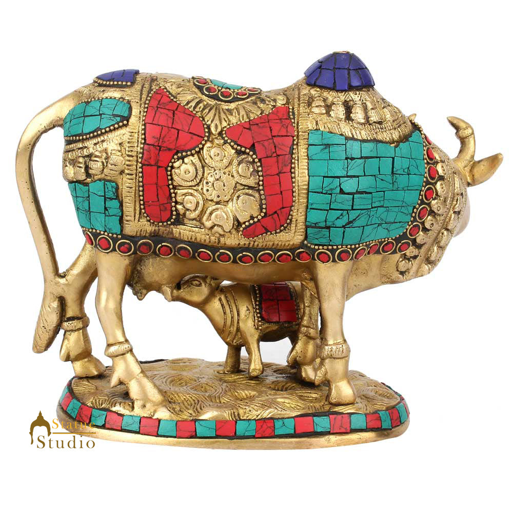 Indian Hindu Sacred Holy Cow And Calf Pair Inlay Idol Religious Décor Statue 7" - Image 4