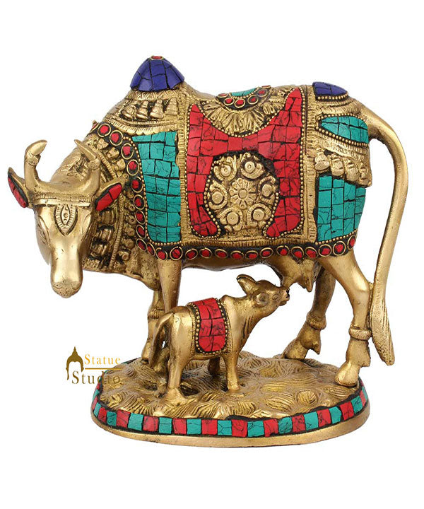 Indian Hindu Sacred Holy Cow And Calf Pair Inlay Idol Religious Décor Statue 7" - Image 2