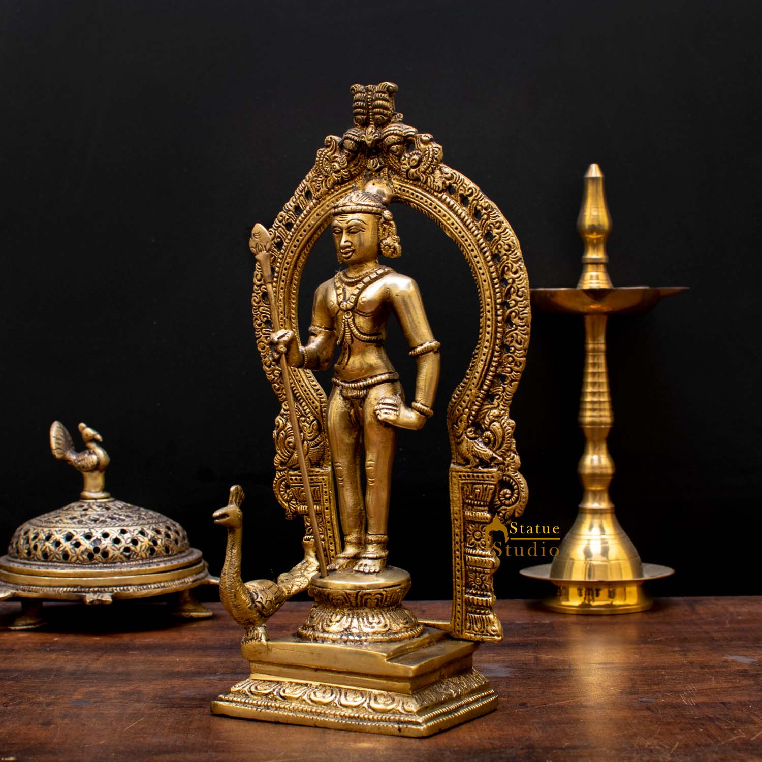 South Indian Hindu God Lord Karthikeya Murugan Vintage Idol Statue 10" - Image 3